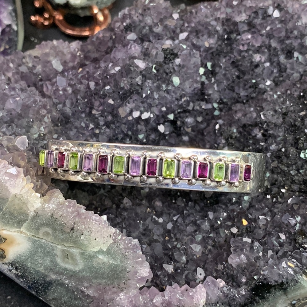 Signed Nikki Butler NB 925 Sterling Silver Gemstones Bangle Bracelet